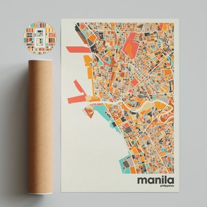 Impression de carte de Manille, carte colorée minimaliste, impression de Manille, carte de la ville des Philippines, décoration de bureau, décoration murale beige, impressions d'art imprimables
