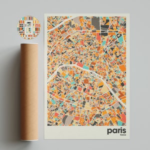 Impresión de mapa de París, mapa colorido, impresión minimalista de París, mapa de la ciudad de Francia, decoración de oficina, decoración de pared beige, impresiones artísticas, arte imprimible