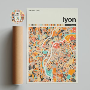 Lyon, kleurrijke kaart, kaart stad Lyon, minimalistische kaart Lyon, print Lyon, poster Lyon, Lyon kunst, kaart Lyon, stadskaart Lyon, Frankrijk