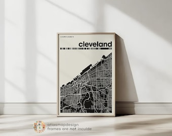 Cleveland Wall Decor Map Print, Black and White Minimalist, Ohio City Office Wall Art