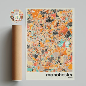 Manchester Karte, Bunte Stadtplaner vonVereinigtes Königreich, England Bürodekoration, Beige Wandkunst, Manchester Karte