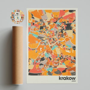 Impression de carte de Cracovie, carte colorée, impression minimaliste de Cracovie, plan de la ville de Pologne, décoration de bureau, décoration murale beige, tirages d&#39;art, oeuvre d&#39;art à imprimer,