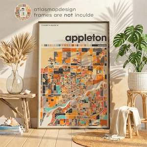 Mapa colorido de la ciudad de Appleton / Póster de la ciudad de Wisconsin / Arte mural de Fox Cities / Decoración para el hogar de Wisconsin