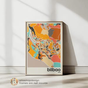Impresión del mapa de Bilbao, España, arte minimalista colorido de la ciudad, decoración de pared imprimible para oficina, póster beige del mapa de España, impresiones artísticas modernas para oficina en casa