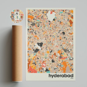Hyderabad, kaartafdruk, kleurrijke kaart, minimalistische Hyderabad-afdruk, stadsplattegrond India, kantoordecor, beige wanddecor, kunst wordt afgedrukt, afdrukbare kunst,