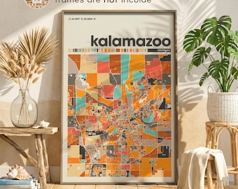 Kalamazoo Michigan Colorful City Map Poster, Lakes State Print Living Room or Office