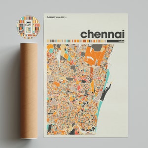 Carte colorée de Chennai, carte de la ville de Chennai, carte minimaliste de Chennai, impression de Chennai, affiche de Chennai, art de Chennai, carte de Chennai, ville de l'Inde