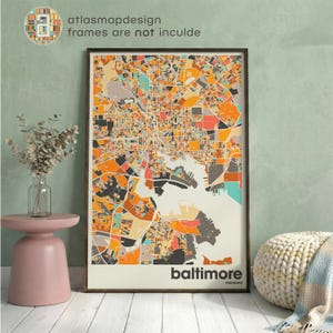 Baltimore Maryland Map Print - Colorful Minimalist City Wall, Office Decor, Beige Printable Art Prints