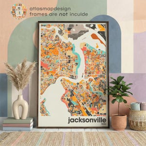Jacksonville Florida City Colotfull Map Print, Office Beige Wall Decor, Printable Art Living Room