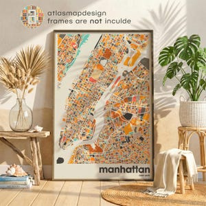 Manhattan New York Map Print – Colorful  Minimalist Beige City Poster Wall Art for Home or Gallery