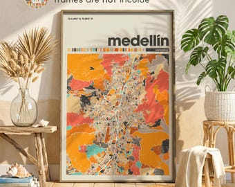 Medellin Colombia Colorful Map Print, Medellín City Street Map Wall Art, Latin America Poster