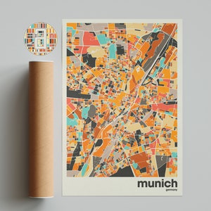 Impression de carte de Munich, carte colorée, impression minimaliste de Munich, plan de la ville de l'Allemagne, décoration de bureau, décoration murale beige, impressions d'art, art imprimable,