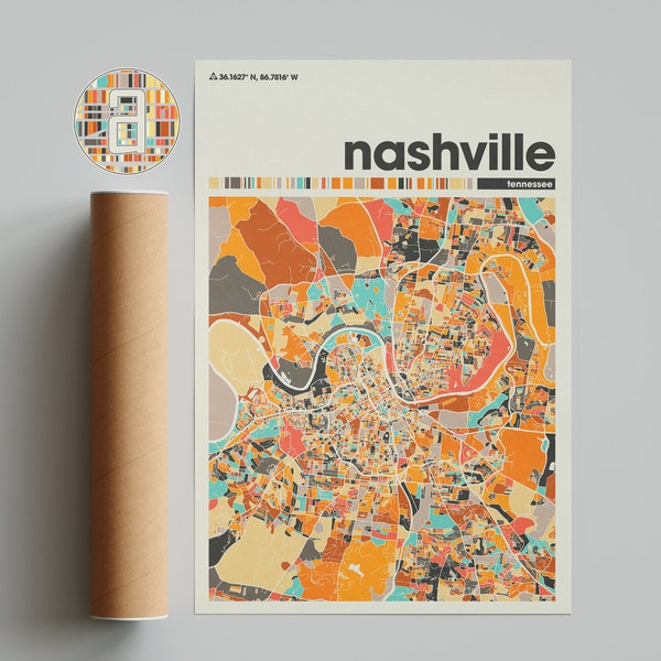 Nashville Colorful Map, City of Nashville Map, Nashville Minimalist  Map, Nashville Print, Nashville Poster, Nashville Art, Tennessee Map