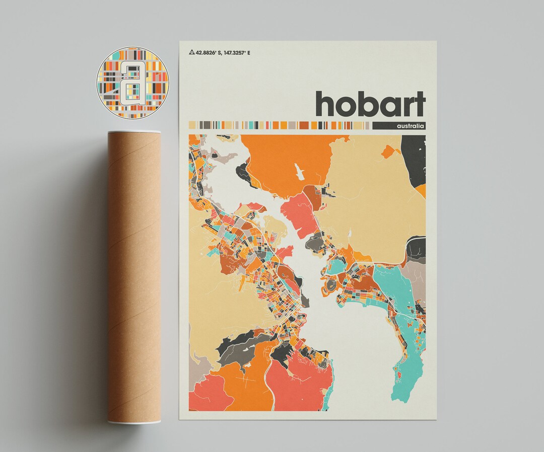 Hobart, Colorful Map, City of Hobart Map, Hobart Minimalist Map, Hobart