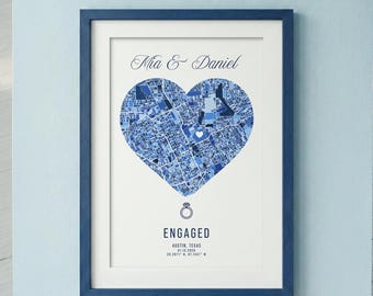 Engagement Gift for Couple Map Where We Got Engaged Map Personalized Proposal Print