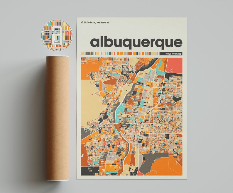 May include: A colorful map of Albuquerque, New Mexico, with the city name and state printed in bold, black text. The map is a geometric design with a variety of colors, including orange, yellow, brown, and blue.