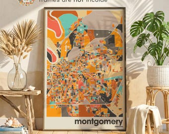 Stampa della mappa di Montgomery, Alabama: arte murale colorata della città per soggiorno, camera da letto e ufficio domestico