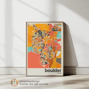 Impressão de mapa de Boulder, arte de parede minimalista e colorida da cidade do Colorado, decoração de escritório, impressões de arte bege para impressão