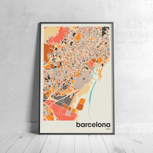 Może przedstawiać: Kolorowa mapa Barcelony w Hiszpanii, wydrukowana na papierze i oprawiona w czarną ramę. Mapa jest w stylu retro, w kolorach pomarańczowym, ż&oacute;łtym, czerwonym i niebieskim. Nazwa miasta jest wydrukowana na dole mapy czarnym kolorem.