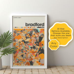Póster con mapa de la ciudad de Bradford (descarga digital, Inglaterra, Reino Unido) / Arte mural vintage, regalo para decoración del hogar