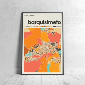 May include: A colorful map of Barquisimeto, Venezuela, with the city name and coordinates printed at the top. The map is framed in black and has a white background.