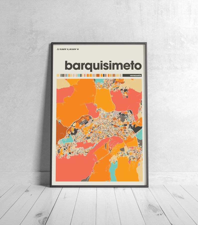 May include: A colorful map of Barquisimeto, Venezuela, with the city name and coordinates printed at the top. The map is framed in black and has a white background.
