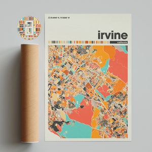 Impression de carte de la ville d'Irvine - affiche d'art mural minimaliste de Californie d'Irvine, carte de Californie décoration de bureau à domicile