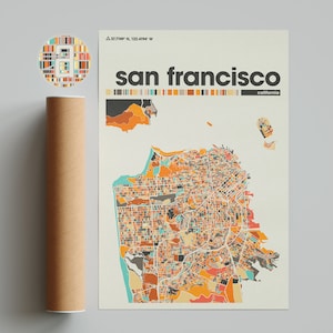 Kolorowa mapa San Francisco, Mapa miasta San Francisco, Minimalistyczna mapa San Francisco, Wydruk San Francisco, Plakat San Francisco