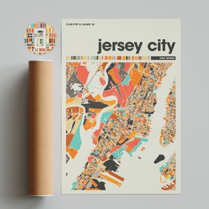 May include: A colorful map of Jersey City, New Jersey, with the city name and state name in a bold, sans-serif font. The map is a geometric design with a variety of colors, including orange, yellow, red, blue, and green.
