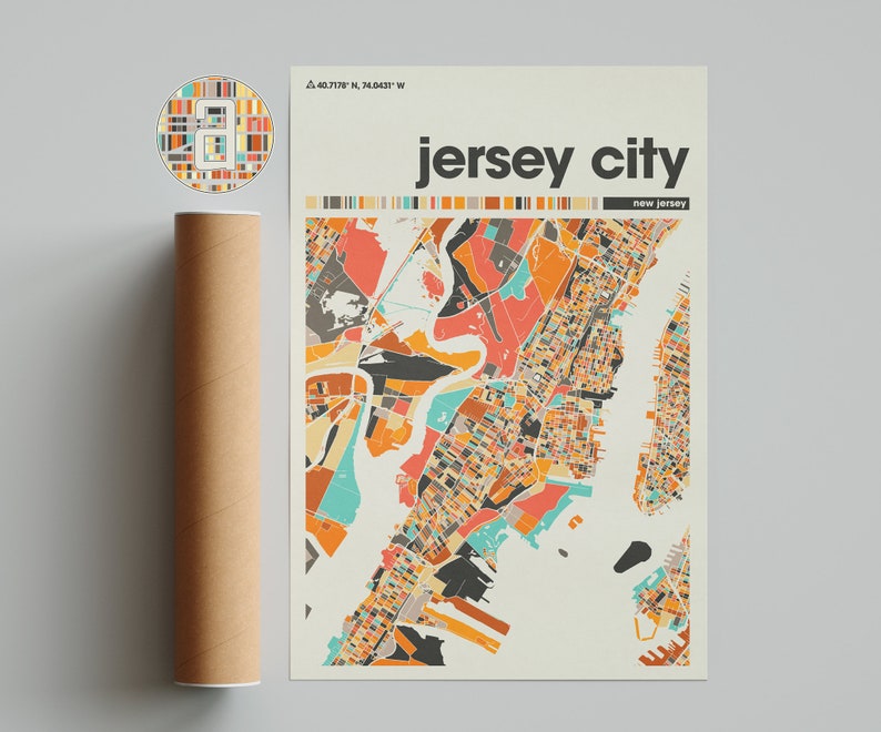 May include: A colorful map of Jersey City, New Jersey, with the city name and state name in a bold, sans-serif font. The map is a geometric design with a variety of colors, including orange, yellow, red, blue, and green.