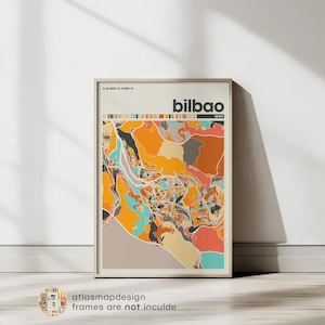 Impresión de mapa colorido de Bilbao, España: póster minimalista de mapa urbano, decoración de pared artística de Bilbao, mapa moderno de Bilbao, ilustración de calles de la ciudad de España