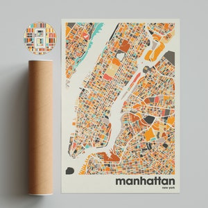 Manhattan Karte Drucken, Bunte Karte, Minimalistische Manhattan Karte, New York Karte, Bürodekoration, Beige Wand-Dekor, Kunstdrucke, druckbare Kunst,