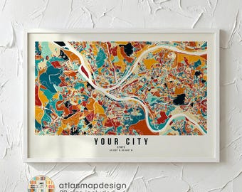 Landscape Personalized Colorful City Map Terracotta Teal Wide Poster, Earth Tone Custom