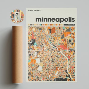 Mapa colorido de Minneapolis, mapa da cidade de Minneapolis, mapa minimalista de Minneapolis, impressão de Minneapolis, pôster de Minneapolis, arte de Minneapolis,