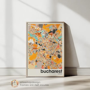 Impressão do Mapa de Bucareste - Mapa da Cidade da Romênia Colorido e Minimalista, Decoração de Escritório, Arte de Parede Bege, Impressões de Arte para Imprimir, Decoração Moderna para Casa