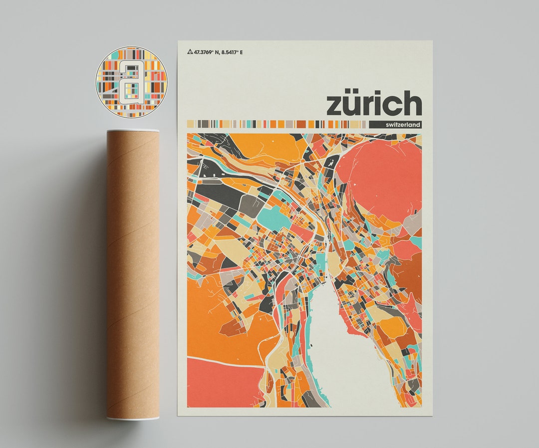 Zürich Colorful Map, City of Zürich Map, Zürich Minimalist Map, Zürich