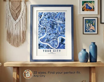 Personalized Map Poster  Blue Modern Wall Art, Custom City Map Print Digital Download
