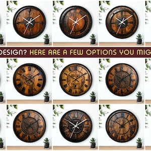 Peut inclure: Une collection de 12 horloges murales rondes en bois avec des chiffres romains et des cadres en m&eacute;tal noir. Les horloges ont une finition en bois vieilli et pr&eacute;sentent diff&eacute;rents motifs sur le cadran.