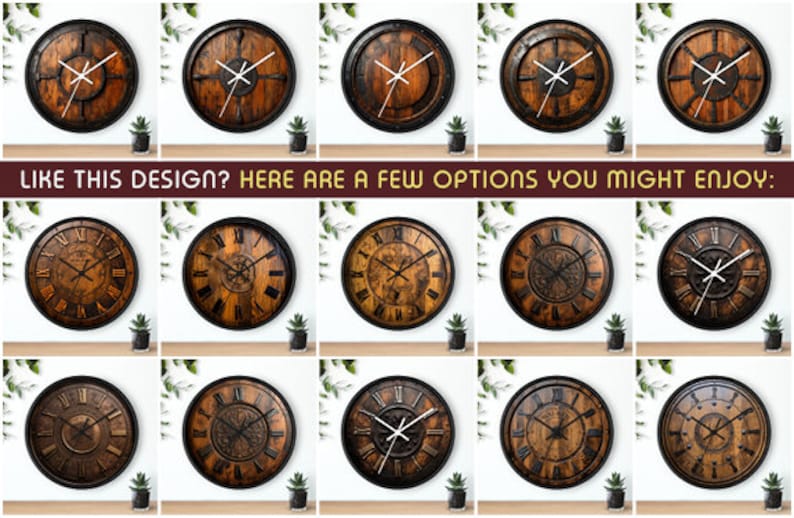 Peut inclure: Une collection de 12 horloges murales rondes en bois avec des chiffres romains et des cadres en m&eacute;tal noir. Les horloges ont une finition en bois vieilli et pr&eacute;sentent diff&eacute;rents motifs sur le cadran.