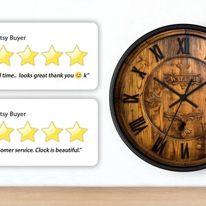 May include: Two five-star reviews for a wooden wall clock with Roman numeral markings and a black frame. The clock face features a wood grain design and the text "WARGAR".