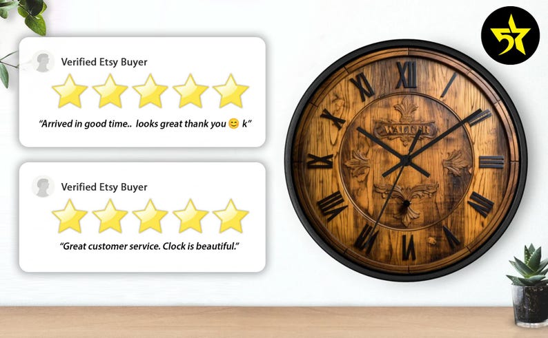 May include: Two five-star reviews for a wooden wall clock with Roman numeral markings and a black frame. The clock face features a wood grain design and the text "WARGAR".