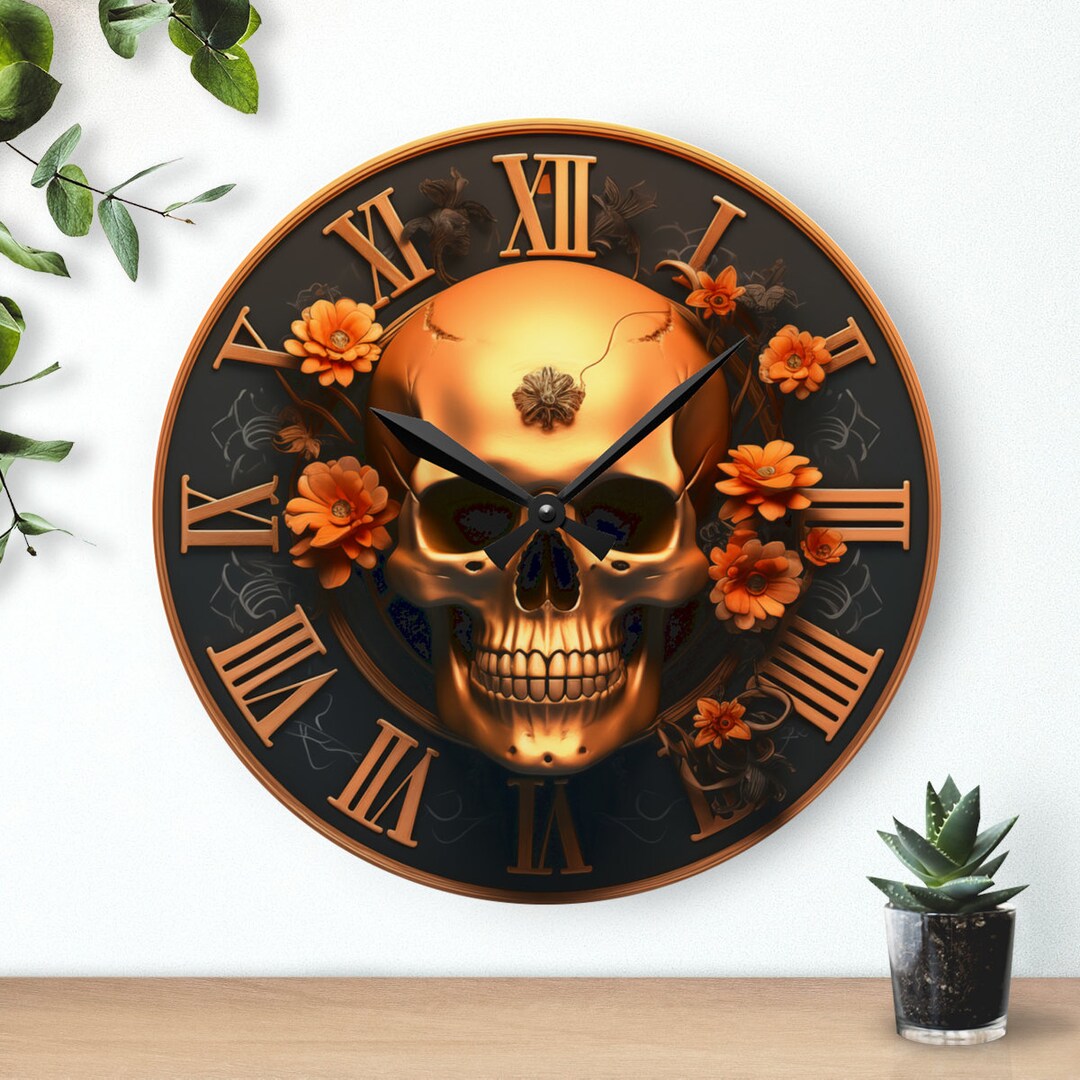 Skull and Flowers Wall Clock, Unique Timepiece, Gothic Wall Clock
