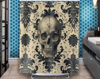 Cortina de ducha con calavera gótica, decoración de terror, baño escalofriantemente hermoso, patrón de damasco, decoración de calaveras, regalo para ella, regalo para él