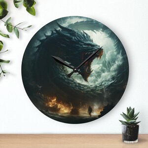 May include: A round clock with a black dragon emerging from a stormy sea. The dragon's mouth is open and its teeth are visible. The clock face is not visible.