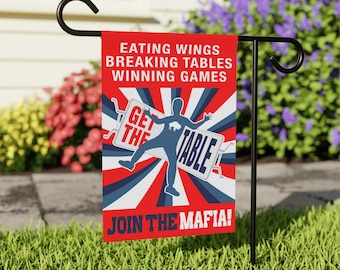 Buffalo Bills inspired Garden Flag, Bills Mafia, Breaking tables, eating Buffalo wings, Winning Games, NFL, Sports Gift for him