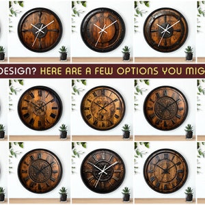 Pu&ograve; includere: Una collezione di 12 orologi da parete rotondi in legno con numeri romani e cornici in metallo nero. Gli orologi hanno una finitura in legno invecchiato e presentano diversi design sul quadrante.