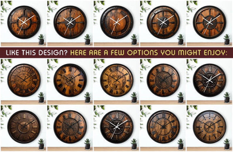 Pu&ograve; includere: Una collezione di 12 orologi da parete rotondi in legno con numeri romani e cornici in metallo nero. Gli orologi hanno una finitura in legno invecchiato e presentano diversi design sul quadrante.