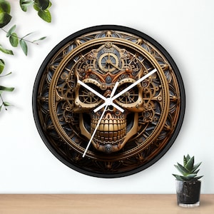 May include: A round wall clock with a black frame and a gold skull design. The skull is made of gears and other mechanical elements. The clock face is white with black hands.