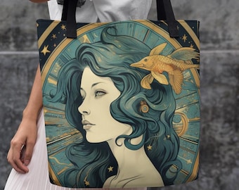 Pisces tarot Inspired Zodiac Tote Bags, Pisces gift, Zodiac tote bag canvas, Pisces zodiac gift, Unique Zodiac Gift, Gift for her