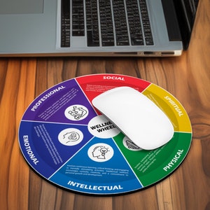 May include: A colorful round mouse pad with the words "WELLNESS WHEEL" in the center. The wheel is divided into six sections, each with a different color and a different aspect of wellness: professional, emotional, social, intellectual, spiritual, and physical.